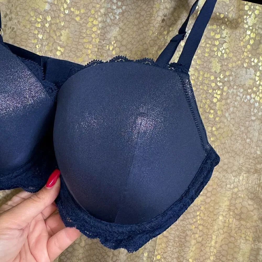Victorias Secret Navy Blue Shimmer Sparkle Dream Angels Lined Demi Bra 34DD